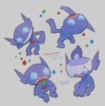  commentary_request eating grey_background hatted_pokemon head_back holding kikuyoshi_(tracco) litwick looking_at_viewer multiple_views no_humans open_mouth pokemon sableye sharp_teeth signature smile standing teeth toes 