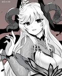  1girl bangs bodystocking breasts brown_background covered_collarbone eyebrows_visible_through_hair fire_emblem fire_emblem_heroes freyja_(fire_emblem) goat_horns hair_ornament horns long_hair looking_at_viewer monochrome open_mouth solo swept_bangs turtleneck upper_body very_long_hair yukia_(firstaid0) 