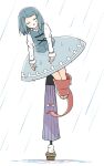  1girl =_= bangs barefoot blue_hair blue_skirt blue_vest closed_eyes full_body highres karakasa_obake leg_hold long_sleeves oil-paper_umbrella open_mouth peroponesosu. rain shirt short_hair simple_background skirt solo sweatdrop tatara_kogasa touhou triangle_mouth umbrella vest water_drop wet wet_clothes white_background white_shirt 