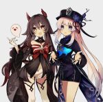  1225ka 2girls :d :o absurdres black_dress black_headwear bow bowtie cosplay costume_switch dress fish frilled_dress frilled_sleeves frills genshin_impact ghost gloves hair_ornament highres hu_tao_(genshin_impact) hu_tao_(genshin_impact)_(cosplay) long_sleeves looking_at_viewer multiple_girls open_mouth sangonomiya_kokomi sangonomiya_kokomi_(cosplay) shorts smile star-shaped_pupils star_(symbol) symbol-shaped_pupils tailcoat twintails white_gloves wide_sleeves 