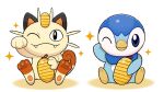 black_eyes blue_eyes closed_mouth coin commentary_request fangs hand_up holding holding_coin looking_at_viewer meowth no_humans official_art one_eye_closed piplup pokemon pokemon_(creature) project_pochama sitting smile sparkle toes 