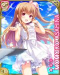 1girl arms_up asahina_momoko bird brown_hair character_name clouds dress girlfriend_(kari) long_hair official_art open_mouth outdoors qp:flapper red_eyes ribbon seagull side_ponytail sky smile solo sundress white_dress 