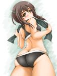  1girl akimoto_dai ass black_towel bra brown_eyes brown_hair commentary_request cowboy_shot from_behind grey_bra grey_panties headband headgear highres kantai_collection looking_at_viewer looking_back one-hour_drawing_challenge panties short_hair short_hair_with_long_locks solo taihou_(kancolle) towel towel_around_neck underwear 
