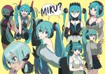  1girl absurdres alternate_costume alternate_hairstyle aqua_eyes aqua_hair bangs black_gloves commentary elbow_gloves fangs gloves hatsune_miku headphones highres long_hair oomura_yuusuke short_hair side_ponytail solo tan twintails two_side_up very_long_hair vocaloid yellow_background 