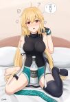  1girl ? ?? alcohol aqua_shorts artist_name barefoot bed bedroom black_bodysuit black_legwear blonde_hair blush bodysuit bottle breasts eyebrows_visible_through_hair gamryous girls_frontline gloves green_hairband hairband hairband_removed hand_in_hair hand_on_back hand_up highres jacket_pull long_hair looking_at_viewer medium_breasts multicolored multicolored_clothes multicolored_gloves no_shoes number_tattoo on_bed open_mouth pillow red_eyes shorts simple_background single_thighhigh sitting sitting_on_bed soles solo speech_bubble spread_legs sv-98_(girls&#039;_frontline) tattoo thigh-highs toes vodka 