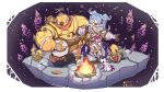  1girl 2others alien banjo blue_hair campfire chert_(outer_wilds) chibi copyright_name drum elira_pendora english_commentary head_wings highres holding holding_microphone instrument low_wings maxeggq microphone multiple_others mushroom music nijisanji nijisanji_en open_hand outer_wilds pikl_(elira_pendora) playing_instrument riebeck_(outer_wilds) singing smile space spacesuit tree virtual_youtuber wings 