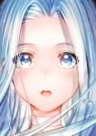  1girl absurdres aldehyde bangs blue_eyes blue_hair blush choker close-up commentary_request eye_reflection forehead gold_bar granblue_fantasy highres long_hair looking_at_viewer lyria_(granblue_fantasy) open_mouth parted_bangs portrait reflection solo tearing_up water_drop 