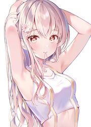  1girl armpits arms_up auro_drm bangs bare_shoulders biting closed_mouth crop_top eyebrows_visible_through_hair flower grey_hair hair_flower hair_ornament highres long_hair messy_hair midriff original shirt sidelocks sleeveless solo upper_body white_background white_shirt 