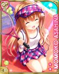  1girl asahina_momoko ball brown_hair character_name closed_eyes girlfriend_(kari) long_hair official_art open_mouth outdoors plaid plaid_skirt qp:flapper racket ribbon side_ponytail skirt smile solo sportswear squatting tank_top tennis_ball tennis_racket tennis_uniform thighs visor_cap white_tank_top 