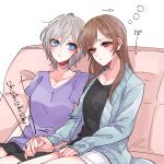  2girls anastasia_(idolmaster) brown_hair collarbone couch eyelashes grey_hair highres holding_hands idolmaster idolmaster_cinderella_girls interlocked_fingers looking_at_another love_laika_(idolmaster) multiple_girls nitta_minami on_couch sashiro shorts simple_background sitting sleepy white_background yuri 