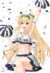  1girl armpits artist_name blonde_hair blush bow breasts character_name cheerleader collarbone confetti eyebrows_visible_through_hair feet_out_of_frame gamryous girls_frontline green_bow green_hairband hair_bow hairband hands_up highres holding holding_pom_poms long_hair looking_at_viewer medium_breasts navel number_tattoo open_mouth pom_pom_(cheerleading) ponytail red_eyes skirt smile solo standing standing_on_one_leg sv-98_(girls&#039;_frontline) tank_top tattoo under_boob white_background white_skirt white_tank_top 