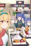  4girls aqua_shirt artist_name black_collar blonde_hair blue_hair blush bow closed_mouth collar eyebrows_visible_through_hair food gamryous girls_frontline glasses green_bow green_hairband grey_hair grey_shirt hair_bow hair_ornament hairband hairclip highres holding holding_food k11_(girls&#039;_frontline) light_purple_eyes long_hair looking_at_viewer m200_(girls&#039;_frontline) multiple_girls ponytail print_shirt red_eyes red_scarf scarf shirt side_ponytail simple_background sitting smile sv-98_(girls&#039;_frontline) tray v violet_eyes white_shirt 