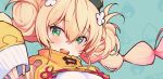  1girl :d blonde_hair blush china_dress chinese_clothes close-up dress fingernails green_eyes hair_between_eyes hair_ornament hand_up highres hololive kagawa_ichigo long_hair looking_at_viewer momosuzu_nene nail_polish open_mouth pink_nails smile solo 