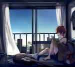  1girl absurdres acoustic_guitar bare_legs bed black_shorts blanket blue_sky building cellphone curtains grab_pigeon guitar guitar_stand highres idolmaster idolmaster_million_live! indoors instrument jacket_partially_removed julia_(idolmaster) kangaroo looking_at_phone messy_hair on_bed phone pillow railing redhead shirt short_hair shorts sitting sky sleeveless sleeveless_shirt solo stuffed_toy 