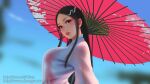  1girl asian black_hair blue_sky blush breasts d-han floral_print hair_ornament holding holding_umbrella large_breasts lipstick long_hair long_sleeves makeup oil-paper_umbrella original profile sheer_clothes sidelocks sky snake_hair_ornament solo umbrella upper_body wide_sleeves 