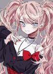  1girl 3j_dangan alternate_costume bangs blue_eyes bow danganronpa:_trigger_happy_havoc danganronpa_(series) enoshima_junko grey_background highres jewelry long_hair looking_at_viewer necklace pink_hair red_bow red_nails sketch smile solo twintails v 