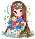  3girls :d ^_^ ahoge bangs blue_eyes blue_flower bouquet brown_eyes brown_hair chibi chobi_(penguin_paradise) closed_eyes closed_mouth commentary_request cropped_torso eyebrows_visible_through_hair flower green_hair highres idolmaster idolmaster_million_live! long_hair minigirl multiple_girls object_hug open_mouth pink_flower shimabara_elena simple_background smile tanaka_kotoha thank_you tokoro_megumi upper_body very_long_hair white_background yellow_flower 