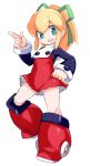  1girl blonde_hair boots dress green_eyes green_ribbon hair_ribbon highres karukan_(monjya) long_hair looking_at_viewer mega_man_(classic) mega_man_(series) open_mouth ponytail red_dress red_skirt ribbon roll_(mega_man) simple_background skirt smile solo white_background 