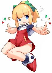  1girl blonde_hair blue_eyes boots dress full_body green_ribbon hair_ribbon karukan_(monjya) long_hair looking_at_viewer mega_man_(classic) mega_man_(series) open_mouth panties ponytail red_dress red_skirt ribbon roll_(mega_man) simple_background skirt smile solo underwear white_background white_panties 