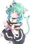  1girl animal_ear_fluff animal_ears bangs black_dress blue_hair cat_ears cat_girl cat_tail collarbone commentary_request cuffs dress ear_piercing eyebrows_visible_through_hair frilled_dress frilled_legwear frills garter_straps gradient_hair green_hair handcuffs highres hololive looking_at_viewer multicolored_hair off_shoulder parted_lips piercing red_eyes sakura_yunuto simple_background sitting solo tail thigh-highs uruha_rushia virtual_youtuber white_background white_legwear 
