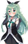  1girl absurdres aruka0807 bangs black_gloves black_ribbon black_serafuku black_skirt elbow_gloves gloves green_eyes green_hair green_neckwear hair_between_eyes hair_flaps hair_ornament hair_ribbon hairclip highres kantai_collection long_braid long_hair neckerchief parted_bangs pleated_skirt ponytail remodel_(kantai_collection) ribbon school_uniform serafuku side_braids sidelocks skirt sleeveless solo yamakaze_(kancolle) 