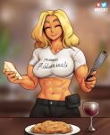  1girl abs alcohol blonde_hair blurry blurry_background breasts cheese_grater closed_eyes collarbone cup drinking_glass english_commentary eyelashes food holding holding_food medium_breasts midriff muscular muscular_female nortuet original pants parmesan_cheese pasta patreon_logo pouch shirt smile t-shirt thick_eyebrows twitter_username wine wine_glass 
