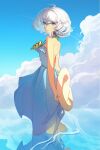  1girl absurdres bangs blue_dress blue_eyes blue_sky closed_mouth clouds cloudy_sky commentary dress flower hair_between_eyes hat highres holding holding_clothes holding_hat honkai_(series) honkai_impact_3rd kido_p looking_at_viewer looking_back medium_hair ocean outdoors sky sleeveless sleeveless_dress smile straw_hat summer summer_uniform sundress sunflower swimsuit theresa_apocalypse theresa_apocalypse_(valkyrie_pledge) twintails wading white_hair 
