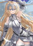  1girl :d arm_guards arm_up armor armored_dress armpits banner bare_shoulders black_gloves blonde_hair blue_eyes blush breasts chain cowboy_shot dress elbow_gloves fate/grand_order fate_(series) feathers fur-trimmed_gloves fur-trimmed_legwear fur_trim gloves highres impossible_clothes impossible_dress jeanne_d&#039;arc_(fate) jeanne_d&#039;arc_(fate/apocrypha) large_breasts light_particles long_hair open_mouth sakurasakimasu4 sheath sheathed signature sleeveless sleeveless_dress smile solo sword thigh-highs very_long_hair weapon white_dress white_legwear 