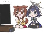  2girls animal_ears blue_eyes blue_hair bone_hair_ornament braid brown_eyes brown_hair dog_ears dog_tail fang flat_screen_tv gestart333 hair_ornament highres hololive hololive_english inugami_korone mechanical_halo multiple_girls nintendo_switch ouro_kronii sitting sparkling_eyes tail thigh-highs twin_braids twitter_username virtual_youtuber wariza watching_television white_background 
