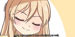  1girl azur_lane bangs bismarck_(azur_lane) bismarck_(beacon_of_the_ironblood)_(azur_lane) blonde_hair close-up closed_eyes commentary english_commentary english_text eyebrows_visible_through_hair hair_between_eyes karrarin long_hair looking_at_viewer meme sidelocks simple_background smile solo subtitled 