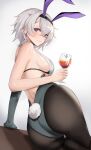  1girl absurdres animal_ears arm_support ass azur_lane bare_arms bare_shoulders bilei black_bra black_hairband black_legwear blush bra breasts closed_mouth cup drink drinking_glass elbow_gloves fake_animal_ears fake_tail gloves grey_gloves grey_leotard hairband highres holding holding_cup large_breasts leotard looking_at_viewer pantyhose playboy_bunny rabbit_ears rabbit_tail reclining reno_(azur_lane) see-through short_hair sideboob silver_hair simple_background single_glove smile solo tail underwear violet_eyes white_background 