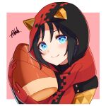  1girl absurdres animal_ears animal_hood animification apex_legends bamboo_shoot bangs black_hair blue_eyes cat_ears cat_hood gloves hellcat_wraith highres holding hood jacket looking_at_viewer official_alternate_costume portrait red_gloves red_jacket smile solo tknk wraith_(apex_legends) 
