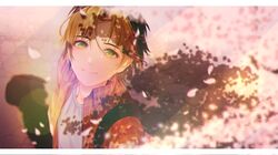  1boy artist_name black_hair blonde_hair blurry blurry_foreground border cherry_blossoms cherry_tree closed_mouth collared_shirt from_above green_eyes grey_shirt hair_between_eyes hair_tubes hikaru_no_go lens_flare letterboxed looking_at_viewer looking_up male_focus monicanc multicolored_hair open_clothes open_shirt plaid plaid_shirt red_shirt shindou_hikaru shirt short_hair solo spring_(season) tears two-tone_hair upper_body white_border wing_collar 