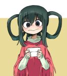  1girl :&gt; alternate_costume alternate_hairstyle asui_tsuyu bangs blush boku_no_hero_academia bow_by_hair casual closed_mouth cup dark_green_hair eyebrows_visible_through_hair green_eyes green_sweater holding holding_cup long_hair looking_at_viewer ocho0303 poncho sidelocks solo standing sweater turtleneck turtleneck_sweater two-tone_background upper_body white_background yellow_background 