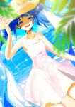  1girl absurdres bare_arms bare_shoulders beach blue_sky blurry blurry_foreground collarbone dress dutch_angle hand_on_headwear hat hatsune_miku highres leaf light_blue_eyes light_blue_hair light_particles long_hair looking_at_viewer ocean open_mouth shimeji_(user_fkzg7225) sketch sky smile solo straw_hat sun_hat sundress twintails very_long_hair vocaloid white_dress 