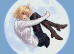  1girl :d antenna_hair arcueid_brunestud arms_up bangs belt_boots black_legwear blonde_hair blue_skirt blurry boots breasts brown_footwear depth_of_field floating from_side highres huge_moon hugging_own_legs jewelry knees_together_feet_apart looking_at_viewer miniskirt moon moonlight necklace night open_mouth outdoors pantyhose pleated_skirt qingtianmian red_eyes shiny shiny_clothes shiny_legwear short_hair skirt slit_pupils smile solo sweater tsukihime tsukihime_(remake) turtleneck turtleneck_sweater white_sweater 