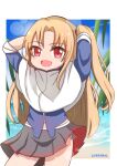  1girl :d absurdres adjusting_hair arms_behind_head azur_lane bangs beach black_skirt blonde_hair blue_sky blurry capelet cleveland_(azur_lane) commentary_request depth_of_field eyebrows_visible_through_hair eyes_visible_through_hair highres horizon karrarin long_hair long_sleeves looking_at_viewer ocean one_side_up open_mouth panties pleated_skirt pose red_eyes side-tie_panties sidelocks skirt sky smile solo underwear 