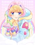  1girl animification apex_legends bangs blonde_hair blue_eyes blue_jacket bodysuit clouds highres holding holding_stuffed_toy hood hooded_jacket jacket kawaii_voltage_wattson looking_at_viewer nessie_(respawn) open_mouth pink_headwear portrait rainbow ribbed_bodysuit serurosu smile solo sparkle star_(symbol) stuffed_toy wattson_(apex_legends) yellow_bodysuit 