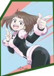  1girl :d artist_name bent_over blue_bodysuit blush_stickers bodysuit boku_no_hero_academia brown_eyes brown_hair dated from_side highres looking_at_viewer looking_back multicolored multicolored_background multicolored_bodysuit multicolored_clothes noriko_mrsm open_mouth pink_bodysuit short_eyebrows short_hair sidelocks skin_tight smile solo superhero tight upper_body upper_teeth uraraka_ochako 