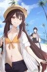  1boy 1girl beach bikini futsuhara genshin_impact hat highres hu_tao_(genshin_impact) navel open_fly shorts sun_hat swimsuit zhongli_(genshin_impact) 