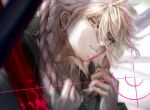  1boy bangs blood blood_on_face blurry blurry_foreground danganronpa_(series) danganronpa_2:_goodbye_despair green_eyes grey_background grey_hair hands_up imminent_suicide komaeda_nagito long_sleeves looking_at_viewer male_focus medium_hair pink_blood rope sembe_(sembe_134) shirt simple_background smile solo symbol-only_commentary twitter_username 