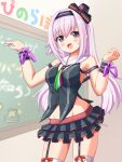  .live 1girl blush breasts carro_pino chalk chalkboard commentary_request groin hair_ornament headband highres long_hair open_mouth purple_hair shizukanahoshi sleeveless small_breasts solo violet_eyes virtual_youtuber 