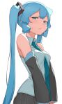  1girl abmayo aqua_hair bangs bare_shoulders blush breasts commentary detached_sleeves hair_ornament hatsune_miku highres long_hair looking_at_viewer necktie shirt simple_background skirt sleeveless sleeveless_shirt solo twintails very_long_hair vocaloid white_background 