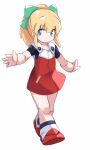  1girl blonde_hair blue_eyes boots closed_mouth dress green_ribbon hair_ribbon karukan_(monjya) long_hair looking_at_viewer mega_man_(classic) mega_man_(series) ponytail red_dress red_skirt ribbon roll_(mega_man) simple_background skirt smile solo white_background 