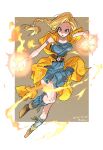  1girl armband artist_name belt bianca_(dq5) black_belt blonde_hair blue_dress blue_eyes blue_legwear boots border bracelet braid braided_ponytail brown_footwear cape commentary dated dragon_quest dragon_quest_v dress earrings fire flame frown grey_background highres jewelry long_hair magic ontama open_mouth orange_cape outside_border pleated_dress short_dress signature single_braid sleeveless sleeveless_dress socks solo white_border 