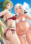  2girls adjusting_clothes adjusting_swimsuit akagi_kurage ass ass_visible_through_thighs bare_arms bare_shoulders bikini black_bikini black_ribbon blue_sky breasts closed_mouth clouds commentary_request commission dark-skinned_female dark_skin day girls_frontline green_hair grey_hair hair_ornament hair_ribbon hairclip highleg highleg_bikini highres layered_bikini long_hair low_ponytail m590_(girls&#039;_frontline) medium_breasts mk48_(girls&#039;_frontline) multiple_girls navel o-ring o-ring_bikini o-ring_bottom outdoors palm_tree pixiv_request ponytail red_bikini red_eyes ribbon sky smile standing swimsuit tree very_long_hair white_bikini yellow_eyes 