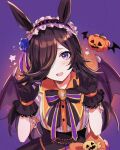  1girl animal_ears bangs bat_wings black_gloves black_hair blue_flower blue_rose blush collared_shirt commentary_request dress fang flower frilled_hairband frills fujisaki_(hjsk) gloves gradient gradient_background hair_over_one_eye hairband highres horse_ears jack-o&#039;-lantern lace-trimmed_gloves lace_trim long_hair looking_at_viewer neck_ribbon open_mouth orange_background puffy_short_sleeves puffy_sleeves purple_background ribbon rice_shower_(umamusume) rose shiny shiny_hair shirt short_sleeves solo star_(symbol) umamusume upper_body violet_eyes white_shirt wings 