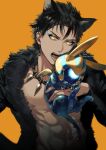 1boy abs animal_collar animal_costume animal_ears black_collar black_hair black_jacket collar earrings eyeliner eyeshadow fangs fangs_out fate/grand_order fate/prototype fate/prototype:_fragments_of_blue_and_silver fate_(series) fur-trimmed_jacket fur_trim halloween halloween_costume highres jacket jewelry looking_at_viewer makeup male_focus nipples open_clothes open_jacket open_mouth orange_background ozymandias_(fate) sakura_hitsuji short_hair solo teeth toned toned_male twitter_username wolf_boy wolf_costume wolf_ears yellow_eyes 