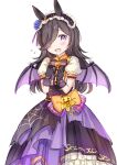  1girl animal_ears bangs black_bow black_gloves black_hair black_skirt blush bow commentary_request demon_wings eyebrows_visible_through_hair fangs flying_sweatdrops frilled_skirt frills gloves hair_over_one_eye horse_ears long_hair looking_at_viewer open_mouth orange_bow puffy_short_sleeves puffy_sleeves purple_bow purple_wings rice_shower_(umamusume) shirt short_sleeves simple_background skirt solo striped striped_bow umamusume very_long_hair violet_eyes wataame27 wavy_mouth white_background white_shirt wings 