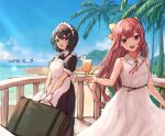  2girls alternate_costume apron artist_name beach black_dress black_hair commission cup day dress drink drinking_glass enmaided eyebrows_visible_through_hair gloves grey_eyes haguro_(kancolle) hair_between_eyes hair_ribbon holding holding_cup kamikaze_(kancolle) kantai_collection long_hair maid maid_apron maid_headdress multiple_girls ocean open_mouth palm_leaf palm_tree puffy_short_sleeves puffy_sleeves purple_hair ribbon short_hair short_sleeves skeb_commission sleeveless sleeveless_dress smile tree violet_eyes white_apron white_dress white_gloves wss_(nicoseiga19993411) yellow_ribbon 
